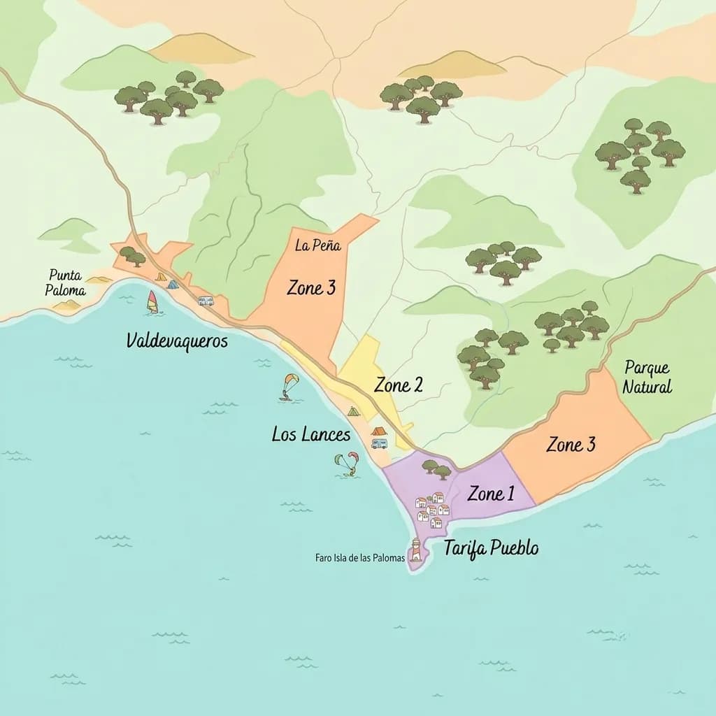 Mapa ilustrado de la costa de Tarifa, desde Punta Paloma hasta el faro de la Isla de las Palomas, con nuestras tres zonas de entrega.